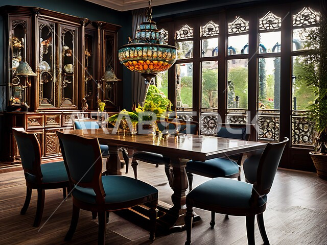 Dining room with luxurious chairs and table, elegant interior decorations, modern and distinctive contemporary designs, residential apartments and villas in the Kingdom of Saudi Arabia, elegant and comfortable home furniture, modern style decoration for dining rooms, large glass facades