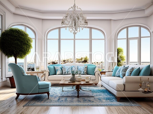 شقق وفلل سكنية في المملكة العربية السعودية، أثاث منزلي راقي ومريح, غرف معيشة بتصاميم عصرية حديثة, التحف والديكورات الداخلية الأنيقة, الواجهات والنوافذ الزجاجية, غرفة جلوس مع أرائك زرقاء وثريا فاخرة