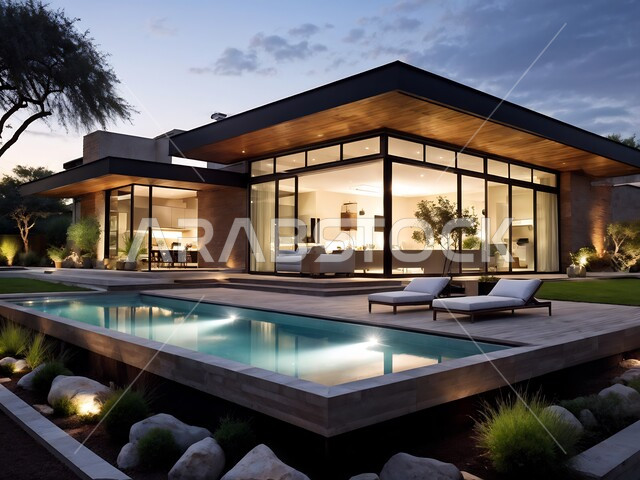 الفن الهندسي المعماري على الطراز الحديث, الاهتمام بزراعة نباتات الزينة في حديقة المنزل, الواجهات الزجاجية والنوافذ الكبيرة الضخمة, فلل سكنية في المملكة العربية السعودية, تصاميم وديكورات داخلية عصرية حديثة