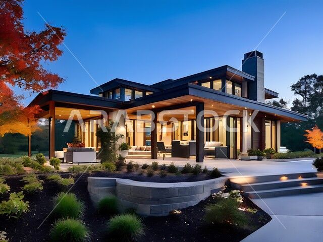 الفن الهندسي المعماري على الطراز الحديث, الاهتمام بزراعة نباتات الزينة في حديقة المنزل, الواجهات الزجاجية والنوافذ الكبيرة الضخمة, فلل سكنية في المملكة العربية السعودية, تصاميم وديكورات داخلية عصرية حديثة