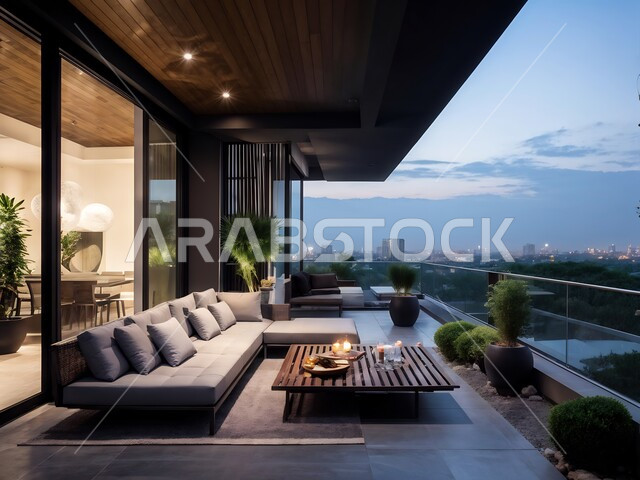 اريكة مريحة في شرفة منزل بإطلالة مميزة، الاهتمام بزراعة ورعاية النبات المنزلي، ديكورات داخلية أنيقة، شقق وفلل سكنية فاخرة في المملكة العربية السعودية, أثاث منزلي راقي مريح