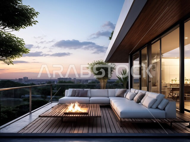 اريكة مريحة في شرفة منزل بإطلالة مميزة، الاهتمام بزراعة ورعاية النبات المنزلي، ديكورات داخلية أنيقة، شقق وفلل سكنية فاخرة في المملكة العربية السعودية, أثاث منزلي راقي مريح