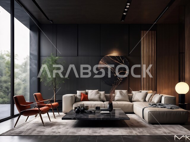 فلل وشقق سكنية في المملكة العربية السعودية, التصميم العصري الراقي الأنيق, التصاميم الداخلية لغرف الجلوس على الطراز الحديث, غرفة معيشة مع أثاث منزلي فاخر, الديكورات الداخلية الراقية