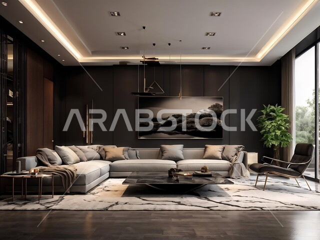 الديكورات الداخلية الراقية, فلل وشقق سكنية في المملكة العربية السعودية, التصميم العصري الراقي الأنيق, التصاميم الداخلية لغرف الجلوس على الطراز الحديث, غرفة معيشة مع أثاث منزلي فاخر