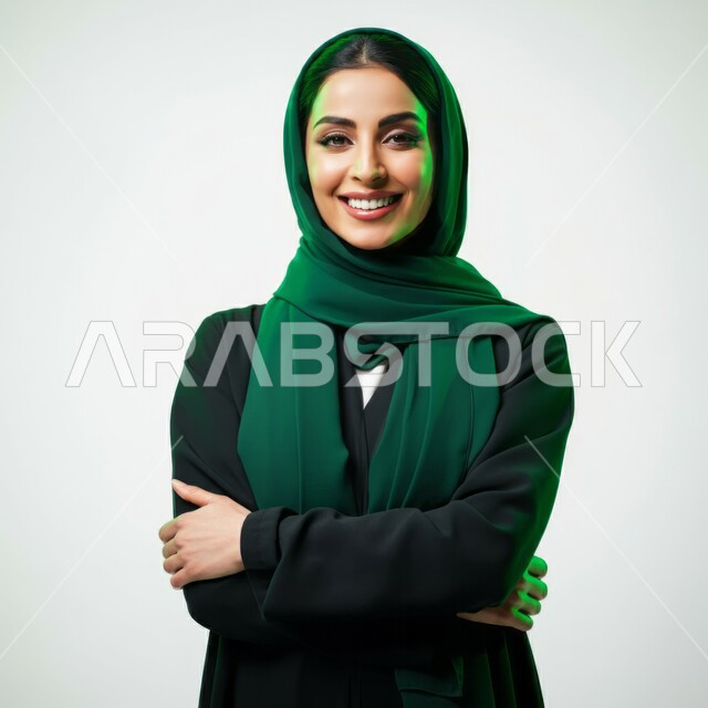 الاهتمام بالأناقة والمظهر الخارجي, تعابير الثقة والاعتزاز بالنفس, مفهوم الانوثة والنعومة, النظر إلى الكاميرا بإيماءات السعادة والسرور, بورتريه مقرب لامرأة عربية خليجية سعودية محجبة مبتسمة ترتدي العباءة السوداء تقف باستقامة واعتدال وأيدي متقاطعة, خلفية رمادية
