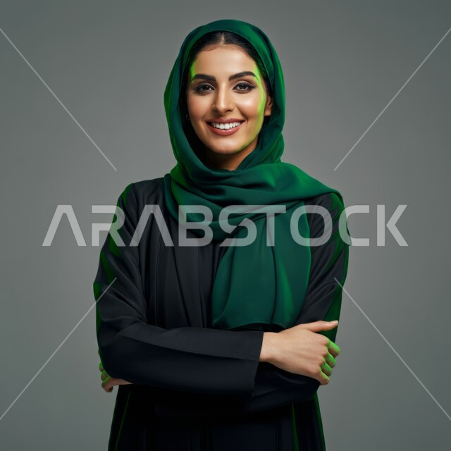 مفهوم الانوثة والنعومة, الاهتمام بالأناقة والمظهر الخارجي, تعابير الثقة والاعتزاز بالنفس, النظر إلى الكاميرا بإيماءات السعادة والسرور, بورتريه مقرب لامرأة عربية خليجية سعودية محجبة مبتسمة ترتدي العباءة السوداء تقف باستقامة واعتدال وأيدي متقاطعة, خلفية رمادية