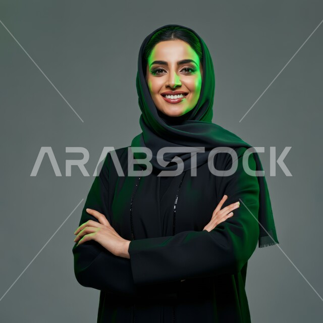 النظر إلى الكاميرا بإيماءات السعادة والسرور, مفهوم الانوثة والنعومة, الاهتمام بالأناقة والمظهر الخارجي, تعابير الثقة والاعتزاز بالنفس, بورتريه مقرب لامرأة عربية خليجية سعودية محجبة مبتسمة ترتدي العباءة السوداء تقف باستقامة واعتدال وأيدي متقاطعة, خلفية رمادية