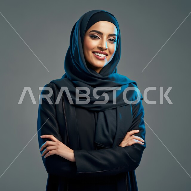 Concern for elegance and appearance, expressions of confidence and self-esteem, concept of femininity and softness, looking at the camera with gestures of happiness and pleasure, close-up portrait of a smiling veiled Saudi Arabian Gulf woman wearing a black abaya standing straight and balanced with crossed hands, gray background