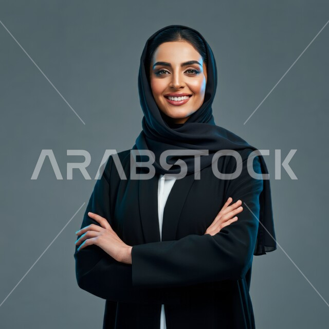 مفهوم الانوثة والنعومة, الاهتمام بالأناقة والمظهر الخارجي, تعابير الثقة والاعتزاز بالنفس, النظر إلى الكاميرا بإيماءات السعادة والسرور, بورتريه مقرب لامرأة عربية خليجية سعودية محجبة مبتسمة ترتدي العباءة السوداء تقف باستقامة واعتدال وأيدي متقاطعة, خلفية رمادية