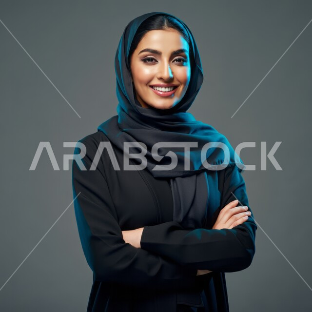 النظر إلى الكاميرا بإيماءات السعادة والسرور, مفهوم الانوثة والنعومة, الاهتمام بالأناقة والمظهر الخارجي, تعابير الثقة والاعتزاز بالنفس, بورتريه مقرب لامرأة عربية خليجية سعودية محجبة مبتسمة ترتدي العباءة السوداء تقف باستقامة واعتدال وأيدي متقاطعة, خلفية رمادية
