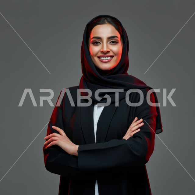 الاهتمام بالأناقة والمظهر الخارجي, تعابير الثقة والاعتزاز بالنفس, مفهوم الانوثة والنعومة, النظر إلى الكاميرا بإيماءات السعادة والسرور, بورتريه مقرب لامرأة عربية خليجية سعودية محجبة مبتسمة ترتدي العباءة السوداء تقف باستقامة واعتدال وأيدي متقاطعة, خلفية رمادية