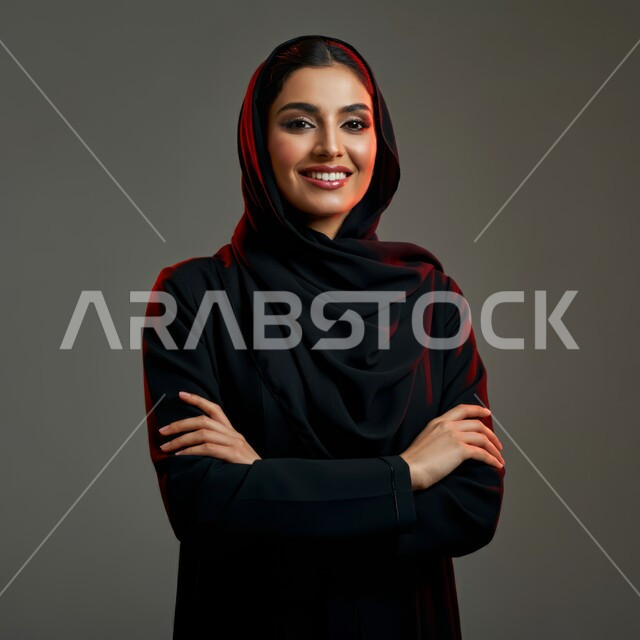 مفهوم الانوثة والنعومة, الاهتمام بالأناقة والمظهر الخارجي, تعابير الثقة والاعتزاز بالنفس, النظر إلى الكاميرا بإيماءات السعادة والسرور, بورتريه مقرب لامرأة عربية خليجية سعودية محجبة مبتسمة ترتدي العباءة السوداء تقف باستقامة واعتدال وأيدي متقاطعة, خلفية رمادية