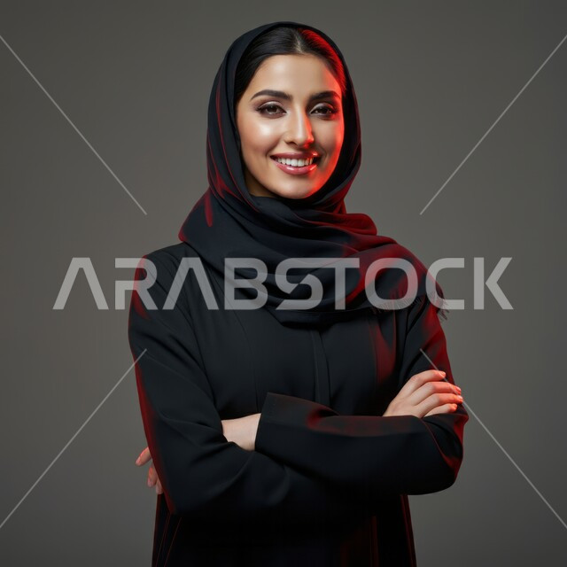 النظر إلى الكاميرا بإيماءات السعادة والسرور, مفهوم الانوثة والنعومة, الاهتمام بالأناقة والمظهر الخارجي, تعابير الثقة والاعتزاز بالنفس, بورتريه مقرب لامرأة عربية خليجية سعودية محجبة مبتسمة ترتدي العباءة السوداء تقف باستقامة واعتدال وأيدي متقاطعة, خلفية رمادية