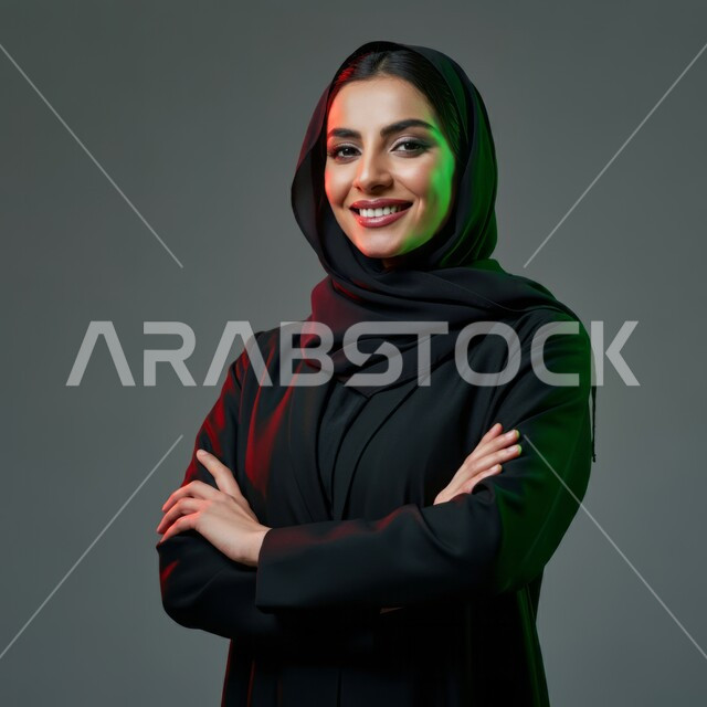 الاهتمام بالأناقة والمظهر الخارجي, تعابير الثقة والاعتزاز بالنفس, مفهوم الانوثة والنعومة, النظر إلى الكاميرا بإيماءات السعادة والسرور, بورتريه مقرب لامرأة عربية خليجية سعودية محجبة مبتسمة ترتدي العباءة السوداء تقف باستقامة واعتدال وأيدي متقاطعة, خلفية رمادية