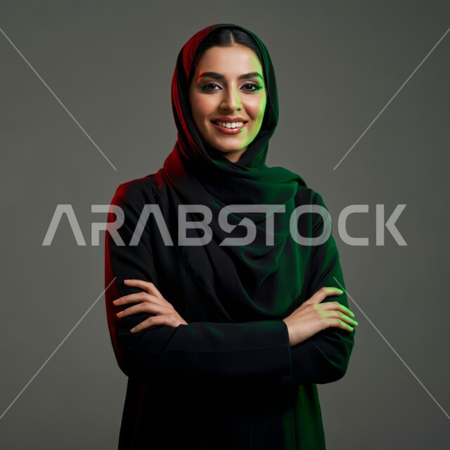 مفهوم الانوثة والنعومة, الاهتمام بالأناقة والمظهر الخارجي, تعابير الثقة والاعتزاز بالنفس, النظر إلى الكاميرا بإيماءات السعادة والسرور, بورتريه مقرب لامرأة عربية خليجية سعودية محجبة مبتسمة ترتدي العباءة السوداء تقف باستقامة واعتدال وأيدي متقاطعة, خلفية رمادية