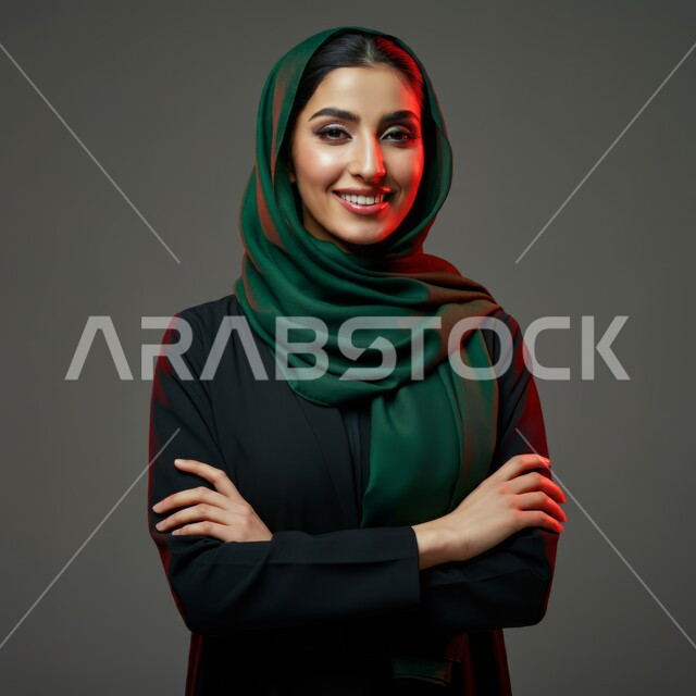 النظر إلى الكاميرا بإيماءات السعادة والسرور, مفهوم الانوثة والنعومة, الاهتمام بالأناقة والمظهر الخارجي, تعابير الثقة والاعتزاز بالنفس, بورتريه مقرب لامرأة عربية خليجية سعودية محجبة مبتسمة ترتدي العباءة السوداء تقف باستقامة واعتدال وأيدي متقاطعة, خلفية رمادية