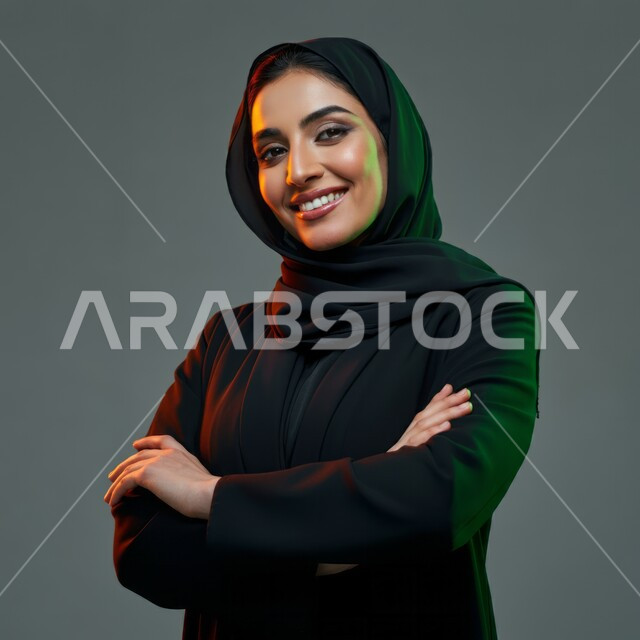 الاهتمام بالأناقة والمظهر الخارجي, تعابير الثقة والاعتزاز بالنفس, مفهوم الانوثة والنعومة, النظر إلى الكاميرا بإيماءات السعادة والسرور, بورتريه مقرب لامرأة عربية خليجية سعودية محجبة مبتسمة ترتدي العباءة السوداء تقف باستقامة واعتدال وأيدي متقاطعة, خلفية رمادية