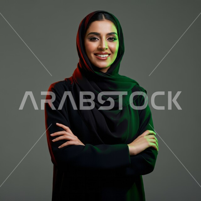 مفهوم الانوثة والنعومة, الاهتمام بالأناقة والمظهر الخارجي, تعابير الثقة والاعتزاز بالنفس, النظر إلى الكاميرا بإيماءات السعادة والسرور, بورتريه مقرب لامرأة عربية خليجية سعودية محجبة مبتسمة ترتدي العباءة السوداء تقف باستقامة واعتدال وأيدي متقاطعة, خلفية رمادية