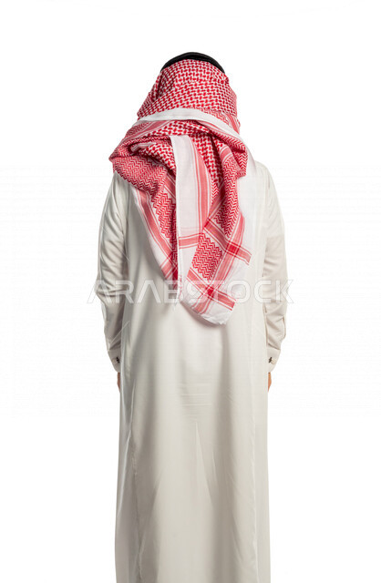 Portrait of a Saudi Gulf man doing a photo session with different facial and hand gestures, back view of a Saudi man wearing traditional Saudi costume with shemagh and agal, white background