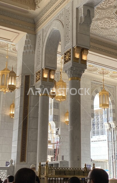 Worship and drawing closer to God, performing the rituals of Hajj and Umrah, the inner pillars of the Grand Mosque in Mecca in the Kingdom of Saudi Arabia, sacred Islamic religious places and landmarks, Islamic architectural art in the building of mosques