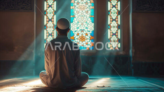 الاجتهاد في العبادة والطاعة في شهر رمضان المبارك، التوبة والرجوع إلى الله، مفهوم الدعاء والتضرع والترجي، صورة من الخلف لرجل عربي خليجي سعودي يرتدي الثوب التقليدي والطاقية البيضاء يجلس داخل المسجد، دخول أشعة الشمس الى الأماكن الإسلامية، أداء فريضة الصلاة