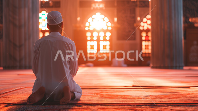 التوبة والرجوع إلى الله، مفهوم الدعاء والتضرع والترجي، صورة من الخلف لرجل عربي خليجي سعودي يرتدي الثوب التقليدي والطاقية البيضاء يجلس داخل المسجد، الاجتهاد في العبادة والطاعة في شهر رمضان المبارك، دخول أشعة الشمس الى الأماكن الإسلامية، أداء فريضة الصلاة