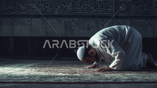 Sunlight entering Islamic places, concept of supplication, prayer and entreaty, side view of a Saudi Arabian Gulf man wearing traditional thobe and white cap sitting inside the mosque, diligence in worship and obedience in the holy month of Ramadan, repentance and return to God, performing the obligatory prayer