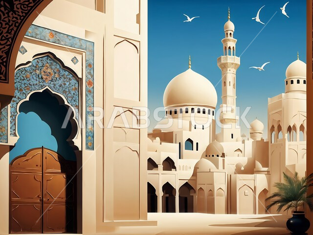 الفن الهندسي المعماري على الطراز العربي العريق، أماكن للعبادة والطاعة والتقرب الى الله، ديكورات وتصاميم إسلامية ثري دي، رسم توضيحي لتصميم مسجد إسلامي باللون الأبيض، المآذن والقبب المزخرفة، أداء فريضة الصلاة