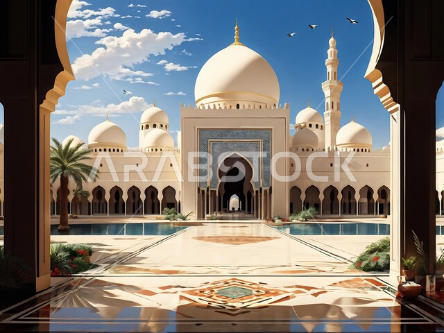 ديكورات وتصاميم إسلامية ثري دي، رسم توضيحي لتصميم مسجد إسلامي باللون الأبيض، الفن الهندسي المعماري على الطراز العربي العريق، أماكن للعبادة والطاعة والتقرب الى الله، المآذن والقبب المزخرفة، أداء فريضة الصلاة