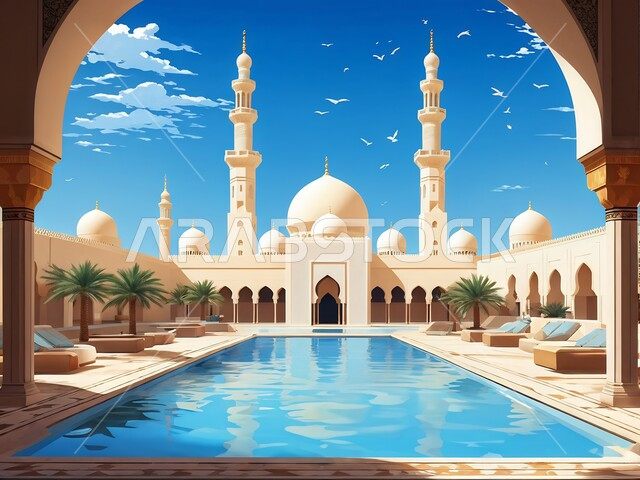 المآذن والقبب المزخرفة، ديكورات وتصاميم إسلامية ثري دي، رسم توضيحي لتصميم مسجد إسلامي باللون الأبيض، الفن الهندسي المعماري على الطراز العربي العريق، أماكن للعبادة والطاعة والتقرب الى الله، أداء فريضة الصلاة