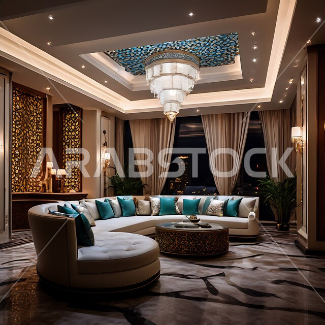 الفن الهندسي المعماري في بناء البيوت والمنازل، الديكورات الراقية للفلل والشقق السكنية في المملكة العربية السعودية، غرفة معيشة مع أثاث منزلي فاخر، التصاميم الداخلية لغرف الجلوس على الطراز الحديث