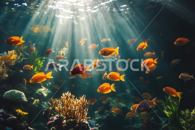 عرض عجائب البيئة المائية في البحر، مجموعة من الأسماك الصغيرة تسبح في المياه، الشعب المرجانية الملونة في أعماق البحار، الثروة السمكية والنباتات المائية في المملكة العربية السعودية،  محمية طبيعية بحرية