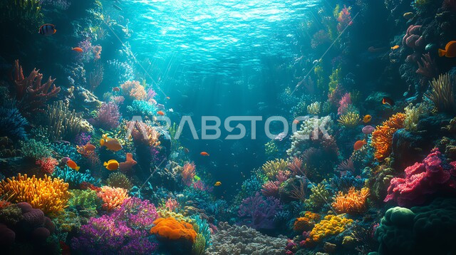 مجموعة من الأسماك الصغيرة تسبح في المياه، الثروة السمكية والنباتات المائية في المملكة العربية السعودية، عرض عجائب البيئة المائية في البحر، الشعب المرجانية الملونة في أعماق البحار، محمية طبيعية بحرية