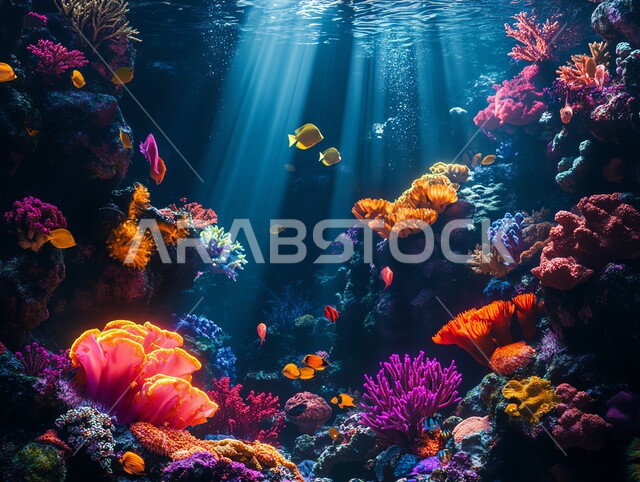 محمية طبيعية بحرية، مجموعة من الأسماك الصغيرة تسبح في المياه، الثروة السمكية والنباتات المائية في المملكة العربية السعودية، عرض عجائب البيئة المائية في البحر، الشعب المرجانية الملونة في أعماق البحار