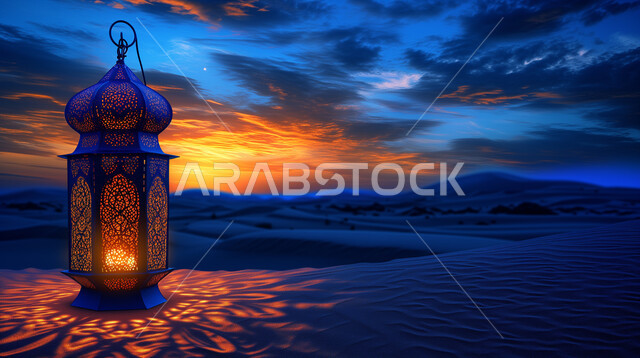 التكوينات الرملية في الصحراء، فانوس معدني مضيء على الرمال الذهبية الناعمة، تحف وإكسسوارات الاحتفال بالشهر الفضيل، الأجواء الرمضانية الروحانية المميزة في المملكة العربية السعودية، أعياد ومناسبات دينية إسلامية