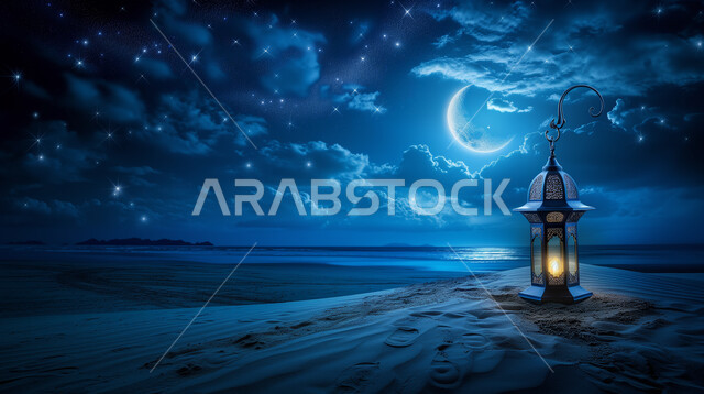 هلال رمضان المبارك في السماء المليئة بالغيوم ليلاً، فانوس معدني مضيء على رمال شاطئ البحر، تحف وإكسسوارات الاحتفال بالشهر الفضيل، الأجواء الرمضانية الروحانية المميزة في المملكة العربية السعودية، أعياد ومناسبات دينية إسلامية