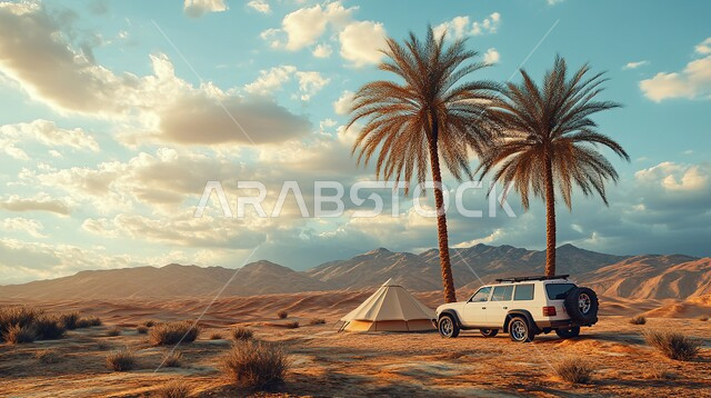 Four-wheel drive vehicles in the middle of the desert, rock formations and structures, means of transportation, soft sand dunes and hills, the use of modern vehicles in fast land transportation, desert nature in the Kingdom of Saudi Arabia, adventures and safari trips in the desert