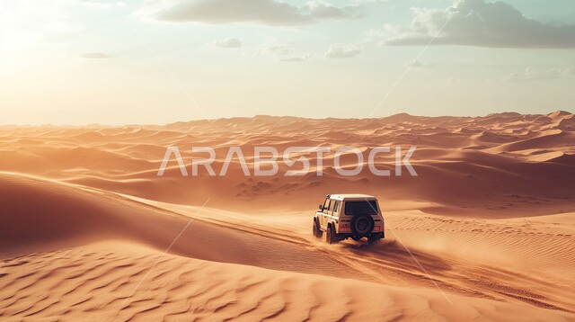 الكثبان الرملية الناعمة والتلال، استخدام المركبات الحديثة في التنقلات البرية السريعة، الطبيعة الصحراوية في المملكة العربية السعودية، سيارات الدفع الرباعي وسط الصحراء، التشكيلات والتكوينات الصخرية، وسائل النقل والمواصلات، مغامرات ورحلات السفاري في الصحاري 