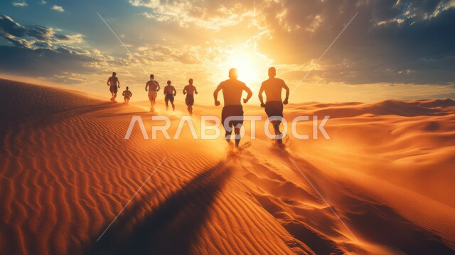 نشاط بدني للمحافظة على اللياقة و الصحة الجيدة، صورة من الخلف لمجموعة رجال عرب خليجيين سعوديين يركضون في الصحراء وقت غروب الشمس، المناظر الطبيعية والرمال الذهبية الناعمة في صحاري المملكة العربية السعودية، ممارسة التمارين الرياضية، أماكن سياحية صحراوية
