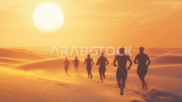 المناظر الطبيعية والرمال الذهبية الناعمة في صحاري المملكة العربية السعودية، ممارسة التمارين الرياضية، أماكن سياحية صحراوية، صورة من الخلف لمجموعة رجال عرب خليجيين سعوديين يركضون في الصحراء وقت غروب الشمس، نشاط بدني للمحافظة على اللياقة و الصحة الجيدة