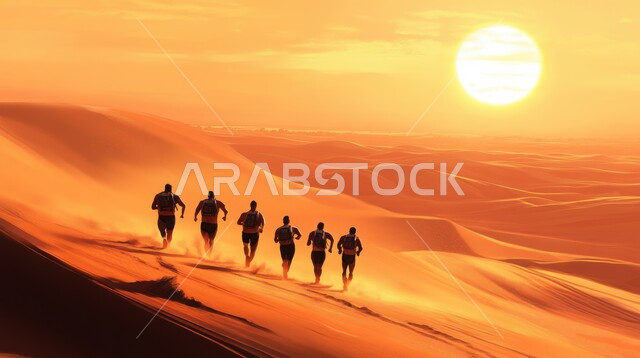 ممارسة التمارين الرياضية، أماكن سياحية صحراوية، صورة من الخلف لمجموعة رجال عرب خليجيين سعوديين يركضون في الصحراء وقت غروب الشمس، المناظر الطبيعية والرمال الذهبية الناعمة في صحاري المملكة العربية السعودية، نشاط بدني للمحافظة على اللياقة و الصحة الجيدة