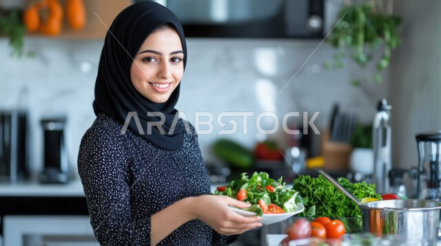 تحضير الوصفات والمأكولات الشهية، صورة مقربة لسيدة عربية خليجية سعودية محجبة مبتسمة تحمل بيدها طبق من الخضراوات الطازجة تنظر إلى الكاميرا بإيماءات السرور، إعداد السلطات والأطباق المفيدة، مفهوم اتباع نظام غذائي صحي