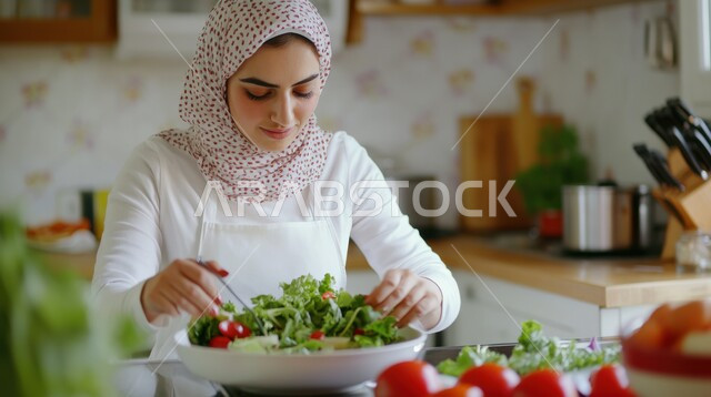 إعداد السلطات والأطباق المفيدة، تحضير الوصفات والمأكولات الشهية، صورة مقربة لسيدة عربية خليجية سعودية محجبة تقف أمام طاولة عليها مجموعة من الخضراوات الطازجة، مفهوم اتباع نظام غذائي صحي