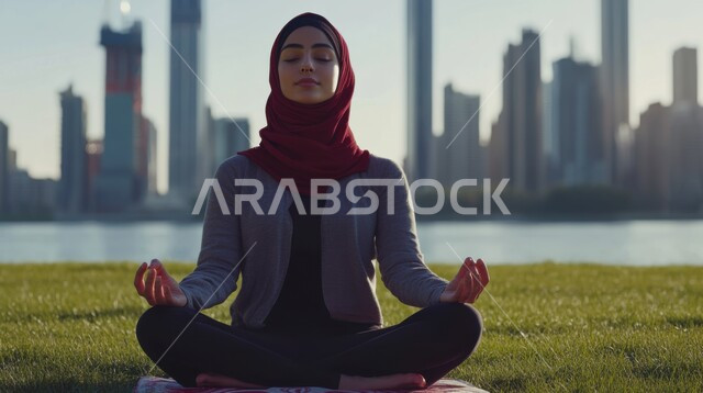  الاسترخاء والشعور بالراحة، الاستمتاع في قضاء الوقت بالتأمل، التدرب على الهدوء وتمالك النفس، المحافظة على اللياقة والصحة البدنية، شابة عربية خليجية سعودية محجبة تقوم بممارسة اليوغا، ممارسة تمارين اليوغا في الطبيعة