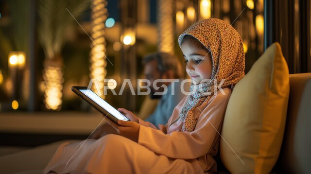 استغلال أوقات الفراغ بالأنشطة الترفيهية الممتعة، فتاة عربية خليجية سعودية تجلس على كنبة مريحة جانب والدها تقوم باستخدام الجهاز اللوحي، استخدام الأجهزة التقنية الحديثة، تنمية مهارات الأولاد الذهنية والحركية، رعاية الأبناء والاهتمام بالهوايات المفيدة 