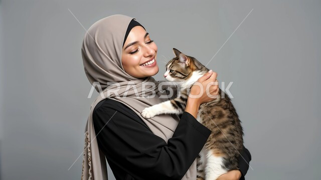 الشعور بالسعادة أثناء قضاء وقت ممتع في اللعب مع القط،، الأثر الإيجابي لاقتناء الحيوانات الأليفة، رعاية وتربية القطط في المنازل، بورتريه لامرأة عربية خليجية سعودية ترتدي الحجاب والعباءة تحمل قطتها تقوم باللعب معها، مفهوم الرفق بالحيوان، خلفية رمادية