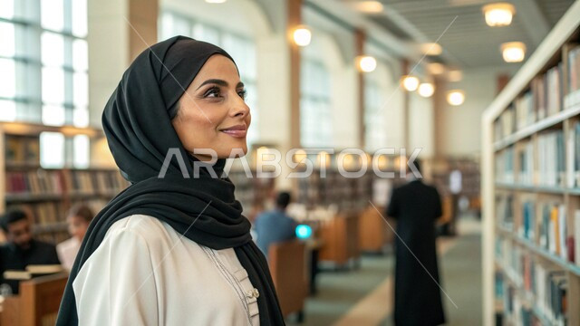 مكان للقراء ومحبي العلم والكتب والمعرفة، شابة عربية خليجية سعودية محجبة في المكتبة تنظر إلى شيء ما بإيماءات السعادة، المكاتب في المملكة العربية السعودية، الديكورات الداخلية والأرفف المليئة بالقصص والروايات والمجلدات الأدبية