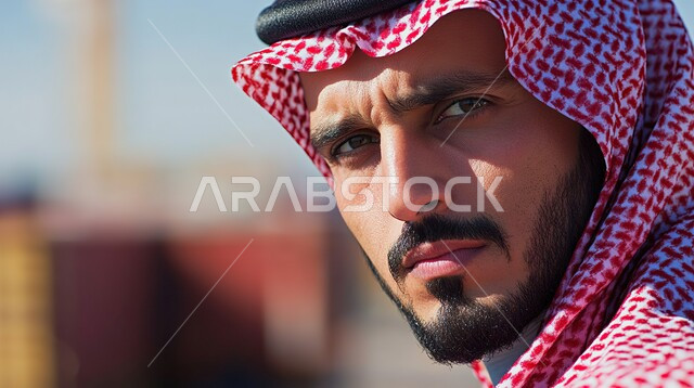 الاعتناء والاهتمام بالمظهر الخارجي، مفهوم الأناقة والرجولة العربية، صورة مقربة لشاب عربي خليجي سعودي يرتدي الثوب التقليدي والشماغ ينظر إلى الكاميرا بإيماءات الشموخ والاعتزاز بالنفس