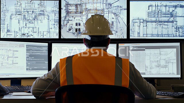 تشغيل خط الإنتاج بإستخدام جهاز الحاسوب، مهندس عربي سعودي خليجي يرتدي السترة وخوذة الحماية يتابع سير الأعمال، استعمال الأجهزة التقنية الحديثة، اعتماد الآليات و الذكاء الاصطناعي في الهندسة، تحقيق الثورة الصناعية وكفاءة الإنتاج والتصنيع