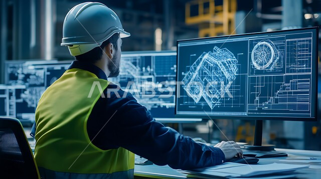 استعمال الأجهزة التقنية الحديثة، اعتماد الآليات و الذكاء الاصطناعي في الهندسة، تشغيل خط الإنتاج بإستخدام جهاز الحاسوب، مهندس عربي سعودي خليجي يرتدي السترة وخوذة الحماية يتابع سير الأعمال، تحقيق الثورة الصناعية وكفاءة الإنتاج والتصنيع